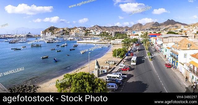 Praia Street, viewed from Belem Tower, and Porto Grande Bay, Mindelo, Sao Vicente, Cape Verde Islands, Africa