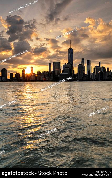 manhattan skyline with one world trade center at sunrise, new york city, new york state, usa