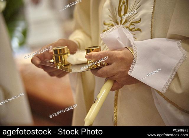 Containers of chromium scare oils and catechumens used by the priest during the rite of Christian and Catholic baptism