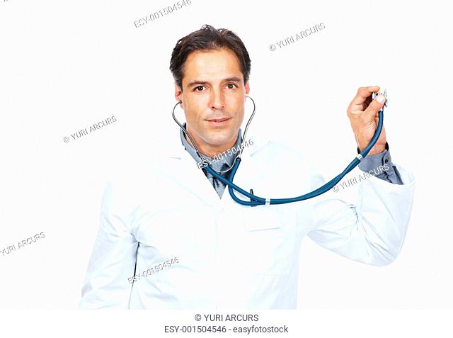 Portrait of mature physician examines something with stethoscope on white background