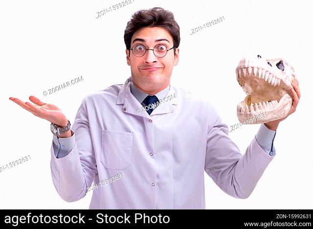 Funny crazy professor paleontologyst studying animal skeletons isolated on white