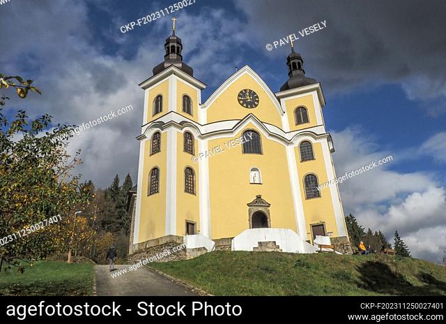 Pilgrimate Baroque Church of the Assumption of the Virgin Mary with glass roof in Neratov in the Orlicke Mountains, Czech Republic, November 7, 2023