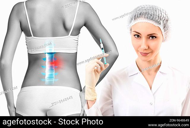 Woman with backache at the doctor reception over white background