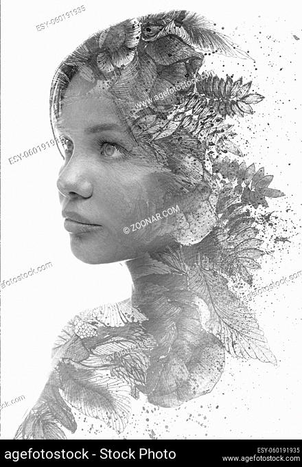 Paintography. A portrait of a young woman combined with a chinese ink painting