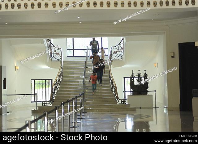 MEXICO CITY, MEXICO - AUGUST 24: A person takes safety protocols as new health rule while visit the Cultural center Los Pinos, to see ""From what is lost