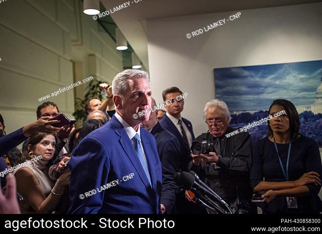 Former Speaker of the United States House of Representatives Kevin McCarthy (Republican of California) talks with reporters following the a House Republican...