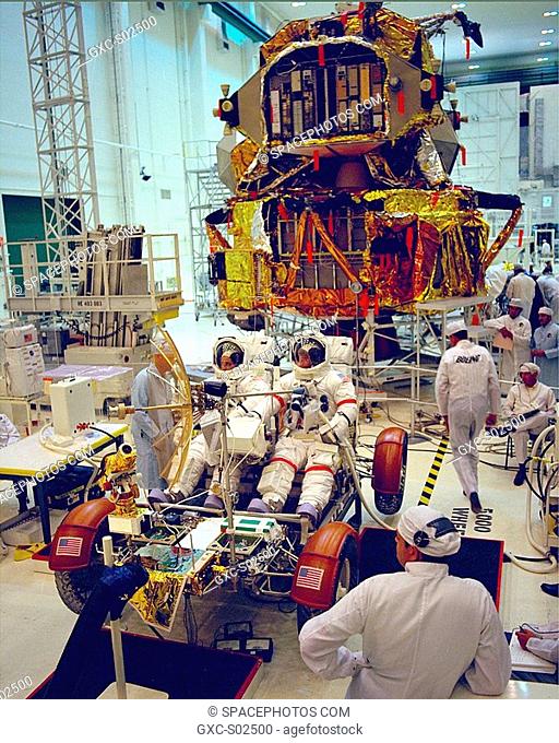 Apollo 17 Commander Eugene A. Cernan and Lunar Module Pilot Harrison H. Jack Schmitt are preparing the Lunar Roving Vehicle LRV and the Communications Relay...