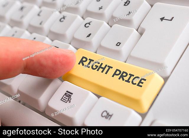 Writing note showing Right Price. Business concept for the amount of money that it is reasonable for the product White pc keyboard with note paper above the...