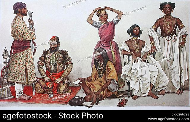 Mode, Kleidung in Indien, von links, ein Hofbeamter und ein Radscha aus Dirschut, dann ein Fakir aus Benares, dann eine Bajadere, Göttin aus Kalkutta