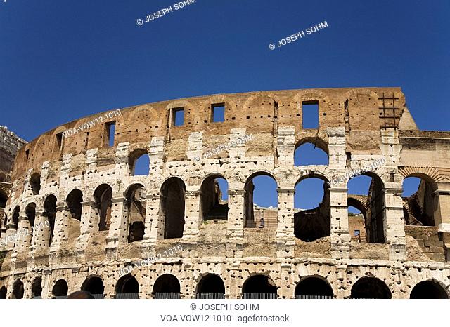 The Colosseum or Roman Coliseum, originally the Flavian Amphitheatre, an elliptical amphitheatre in the centre of the city of Rome