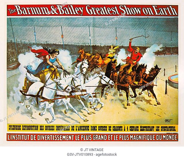 The Barnum & Bailey Greatest Show on Earth, Ancient Rome Chariot Races, French Circus Poster, Lithograph, 1896