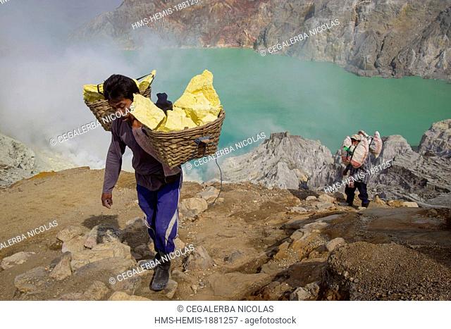 Indonesia, Java Island, East Java province, Mining Sulfur by hand in Kawah Ijen volcano (2500m), miner carrying sulfur