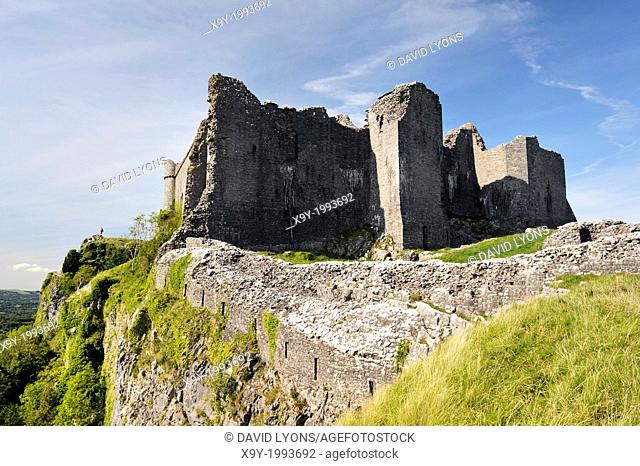 Carreg Cennen castle, near Llandeilo, Wales, UK. Brecon Beacons National Park. East front. Limestone escarpment. Late Mediaeval