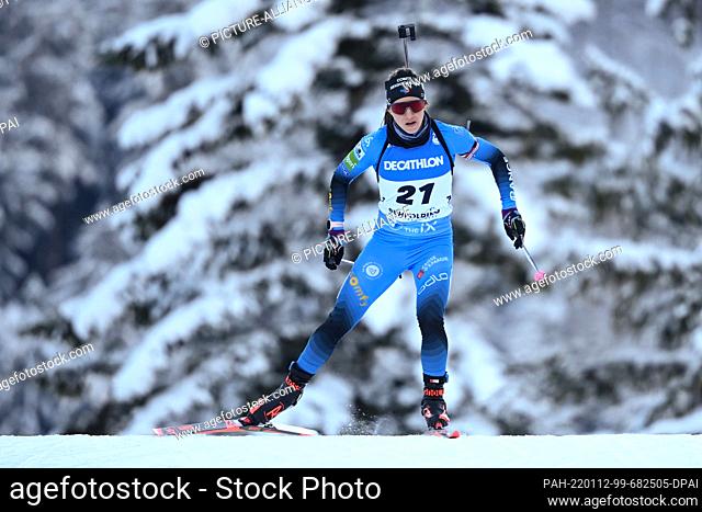 12 January 2022, Bavaria, Ruhpolding: Biathlon: World Cup, sprint 7.5 km, women. Anais Chevalier-Bouchet from France on the track