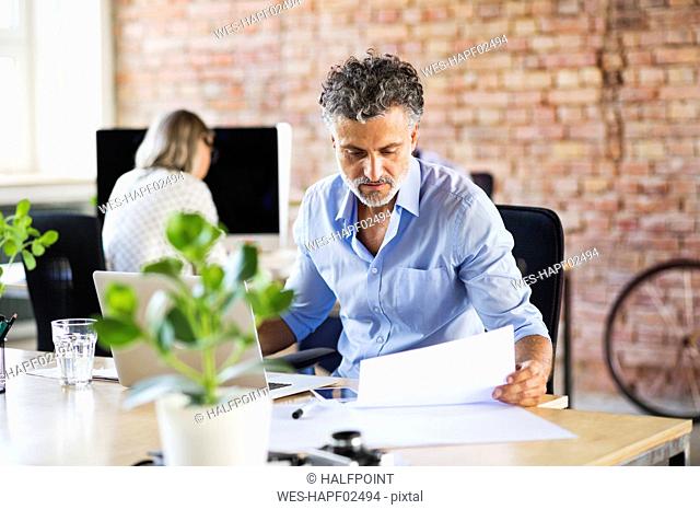 Businessman working in office checking documents