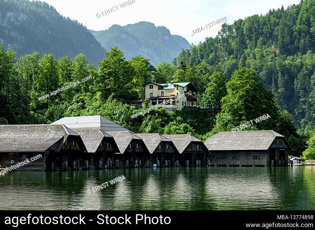 Boathouses at Koenigsee, Berchtesgadener Land, Upper Bavaria, Bavaria, Germany