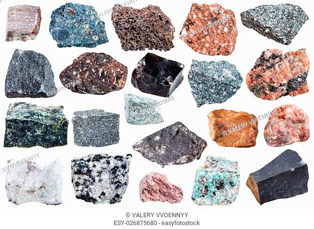 collection of Igneous rock specimens - pegmatite, trachyte, tuff, orthoclase, rhyolite, nepheline, syenite, andesite, dacite, carbonatite, diorite, dunite