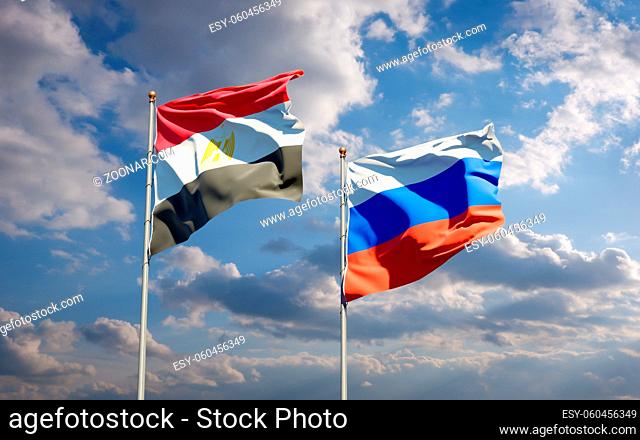 Beautiful national state flags of Egypt and Russia together at the sky background. 3D artwork concept