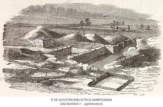 The walls of the Roman villa discovered on the grounds of Mr Angerstein in Walesby, Lincolnshire, United Kingdom, illustration from the magazine The Illustrated...