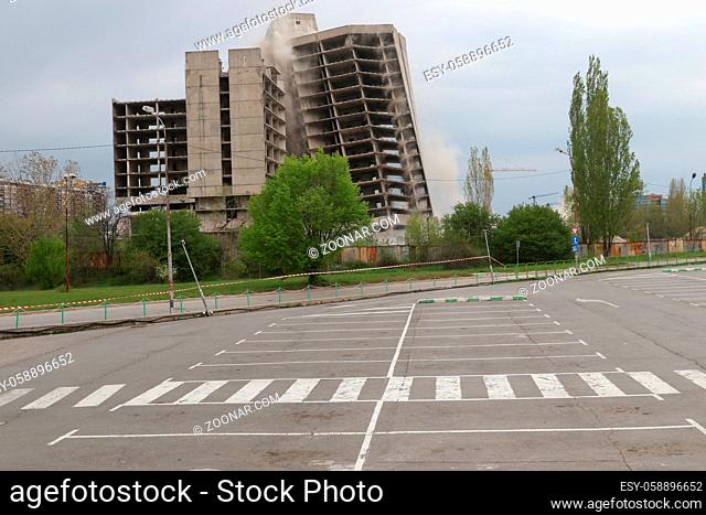 Sofia, Bulgaria - April 24, 2020: A 17-storey building from the 1980s, an unfinished Communist-era building was demolished in central Sofia, Bulgaria