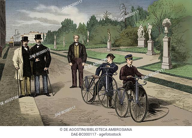 Emperor Napoleon III and the Prince Imperial in the garden of the Tuileries, children in velocipede, Paris, France, illustration from the magazine The...