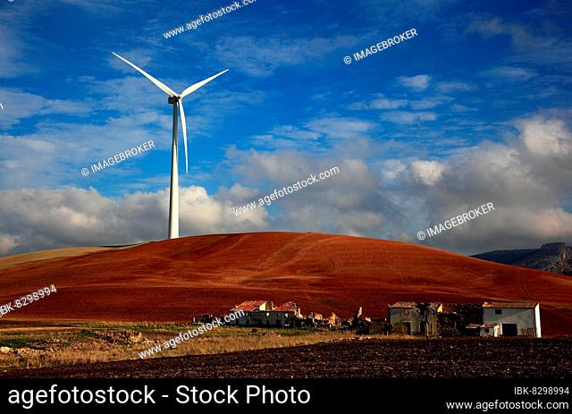 Windmill and dilapidated houses in front of it, farm, Andalusia, Spain, Europe