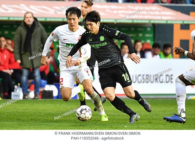 Genki HARAGUCHI (Hannover96), Action, duels versus Dong Won JI (FC Augsburg), Football 1. Bundesliga, 26 matchday, matchday26