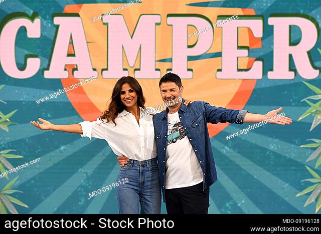 Italian tv host Roberta Morise and the italian radio host Tinto (Nicola Prudente) during the Camper broadcast at the Rai studios via Teulada