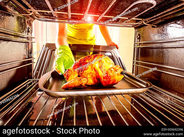 Housewife prepares roast chicken in the oven, view from the inside of the oven. Cooking in the oven. Thanksgiving Day