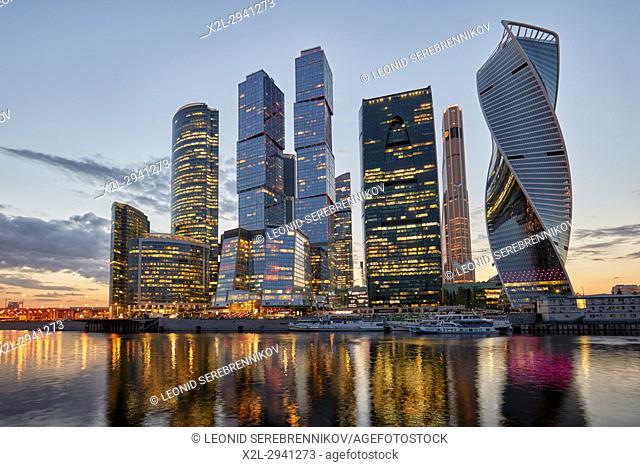 The Moscow International Business Centre (MIBC), also known as “Moscow City"" at dusk. Moscow, Russia