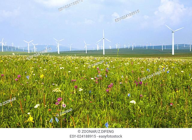 Wind turbine on the green grass over the blue clouded sky