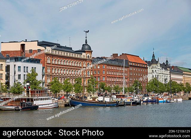 HELSINKI, FINLAND - JULY 10, 2017: Exquisite residences in Helsinki in Finland are along embankment Pohjoisranta. They were built in late 19th and early 20th c