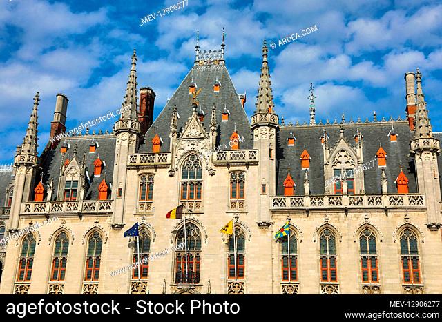 The Provinciaal Hof or Province Court, a Neogothic building on the market square, Bruges, Belgium