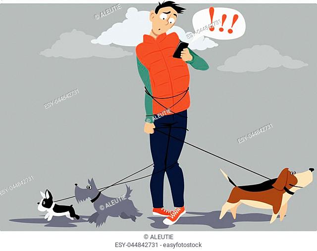 Man, tangled in multiple dog leashes, texting for help of a dog walker, EPS 8 vector illustration