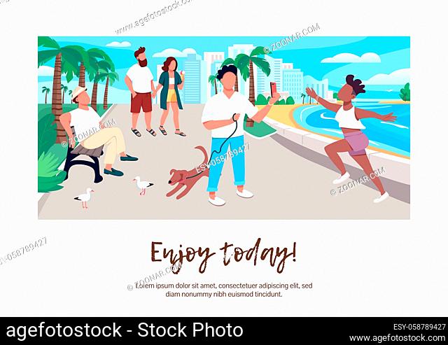 Enjoy today banner flat vector template. Brochure, poster concept design with cartoon characters. People on seafront. Summer vacation urban activity horizontal...