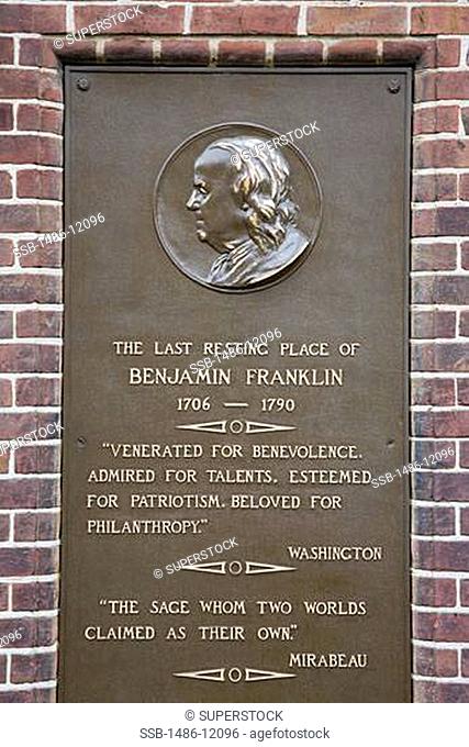 Close-up of a tombstone, Christ Church Burial Ground and Grave of Benjamin Franklin, Independence National Historical Park, Old City, Philadelphia, Pennsylvania