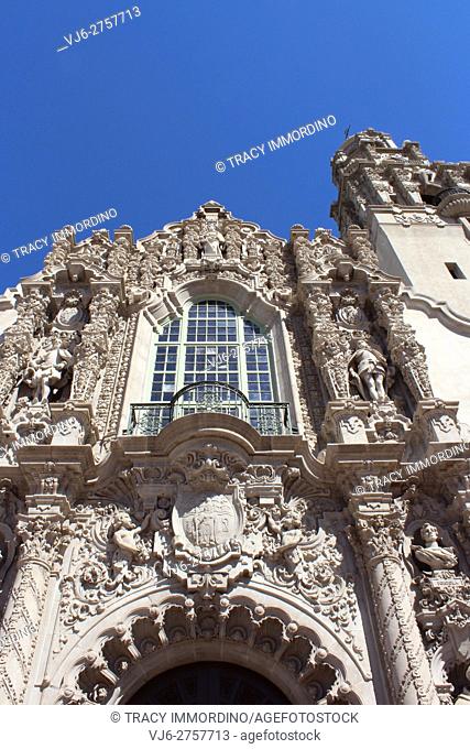 Close up of sculptured frontispiece of the California Building, San Diego Museum of Man, in Balboa Park, San Diego, California, USA