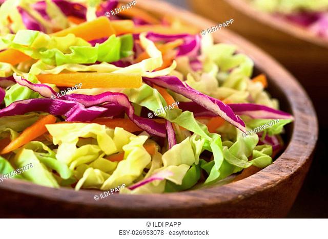 Fresh coleslaw, a salad made of shredded red and white cabbage and carrots, served in wooden bowl, photographed with natural light (Selective Focus