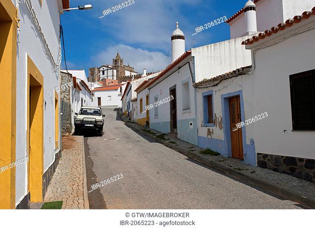 Castle and chimneys, village of Mourao, Alentejo, Portugal, Europe