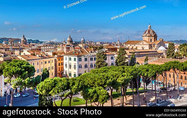 Aerial panoramic view of Rome with church of the Gesu from Monument to Victor Emmanuel II, Rome, Italy