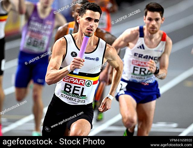 Belgian Kevin Borlee pictured in action during the men's 4x400m relay final at the 37th edition of the European Athletics Indoor Championships, in Istanbul