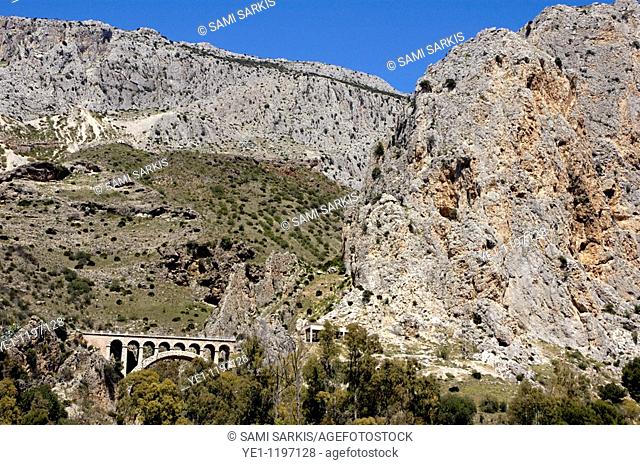 Bridge between cliffs in El Chorro, a limestone gorge in Andalusia, Spain