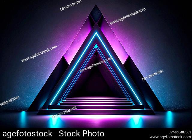 Future Virtual Neon Glowing Lights Purple Blue Triangle Shape Construction Stage Podium