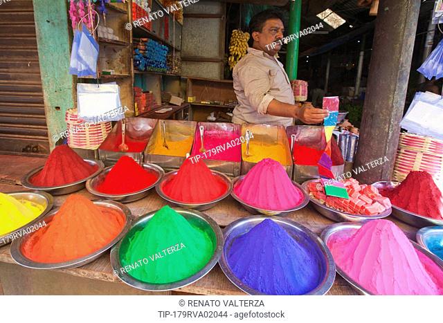 India, Karnataka, Mysore, coloured kumkum powder for sale in Devaraja market
