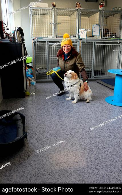 03 December 2021, France, Straßburg: The dog sitter Laetitia Lacote squats with dog Dove in her dog kennel in Strasbourg