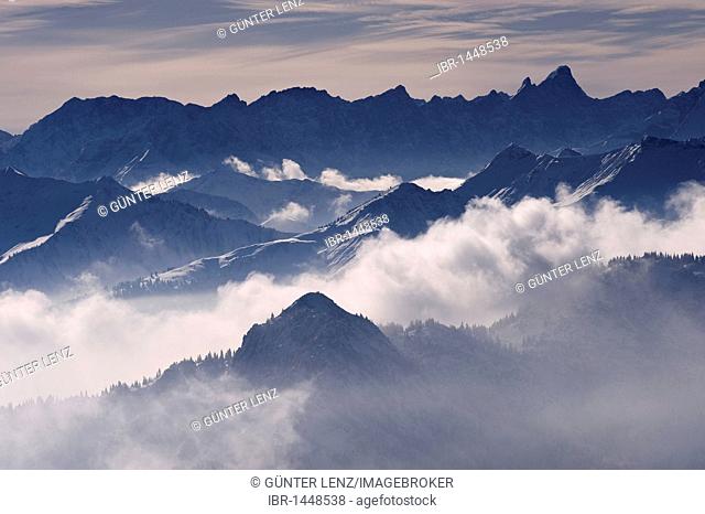 Wettersteingebirge mountain range in fog, Bavarian Alps seen from Mt. Wallenberg, Upper Bavaria, Bavaria, Germany, Europe