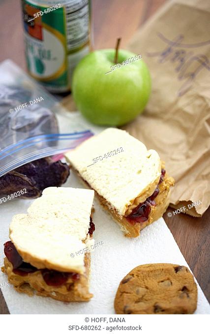 Brown Bag Lunch, Peanut Butter and Jelly Sandwich, Cookie and Apple