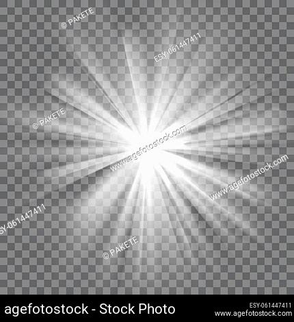 White glowing light. Bright shining star. Bursting explosion. Transparent background. Rays of light. Glaring effect with transparency
