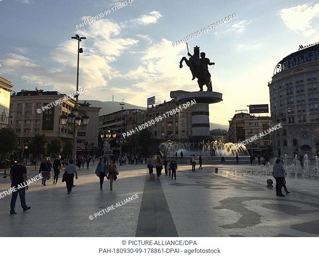 29 September 2018, Macedonia, Skopje: The statue ""Warrior on Horse"" on the main square. In the small Balkan country of Macedonia, around 1
