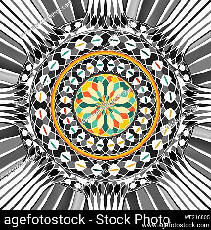 High contrast mandala in black and white with colorful center. Digital art